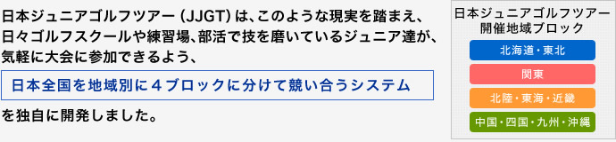 各地域大会に参加したジュニアには大会の結果をもって、年間を通したJJGT全国ランキングのポイントが付与されます。JJGT全国ランキングは、日本プロゴルフ協会（PGA）会員のプロゴルファー監修の『SERA方式』によるコンピューターランキングシステムを採用しています。